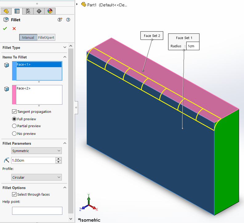 فیلت صفحه ای یا face fillet در solidworks 2020